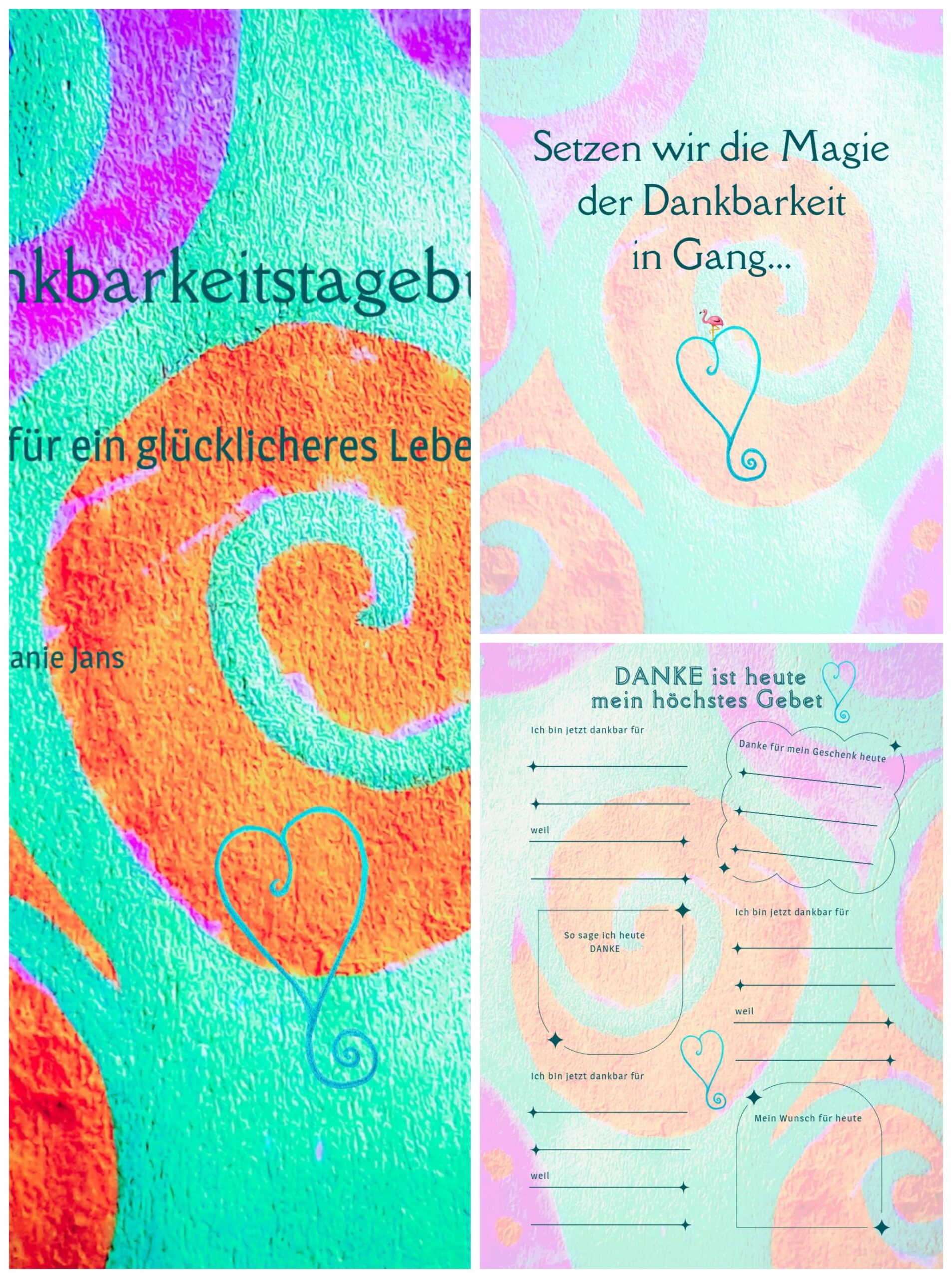 Collage einiger Buchseiten des Dankbarkeitstagebuchs