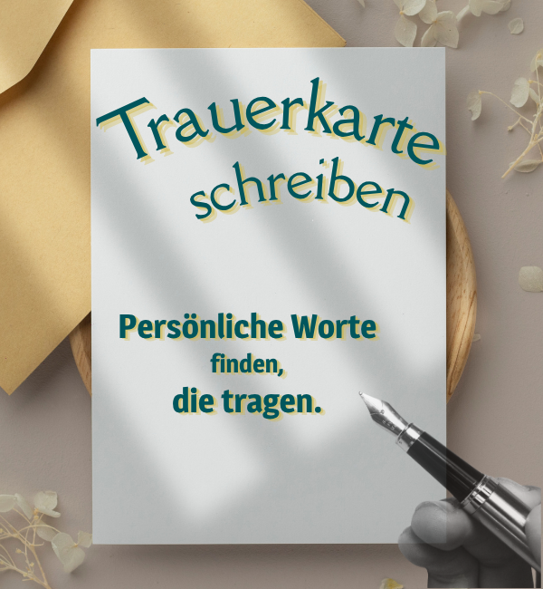 Blogbeitragsbild "Trauerkarte schreiben - persönliche Worte finden, die tragen" mit Karte und Füller in Schreibposition haltender Hand